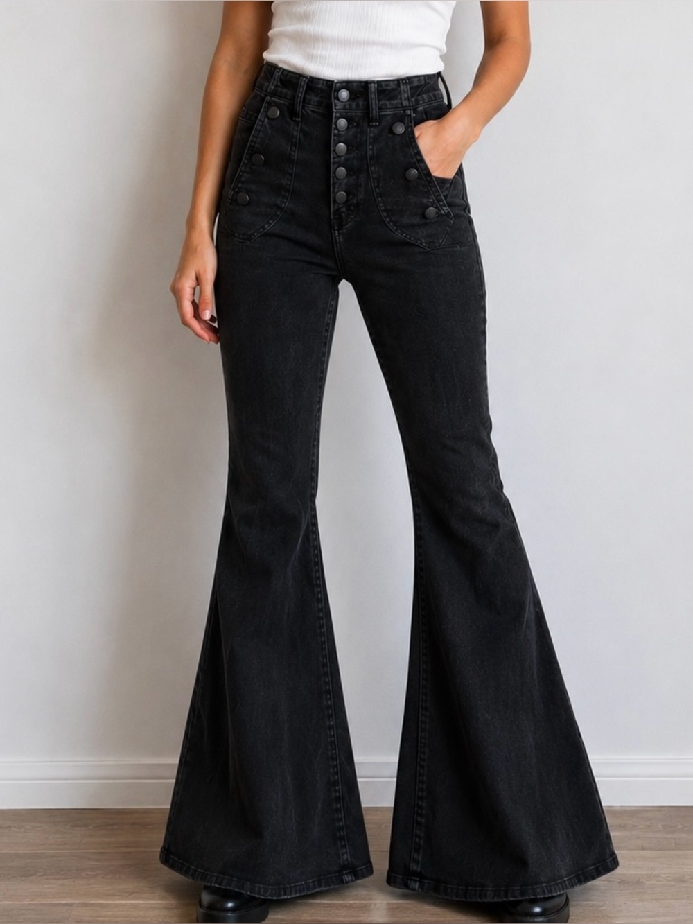 7 For All Mankind Portia Megaflare Jeans Sailor Black Women’s 26 Flare Boho 70's
